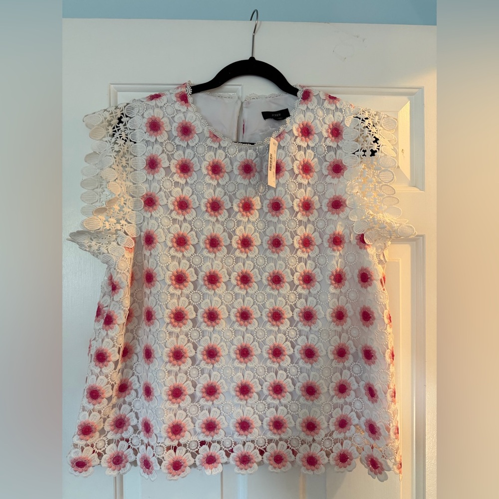 J. Crew White Floral Lace Blouse with Pink Flowers